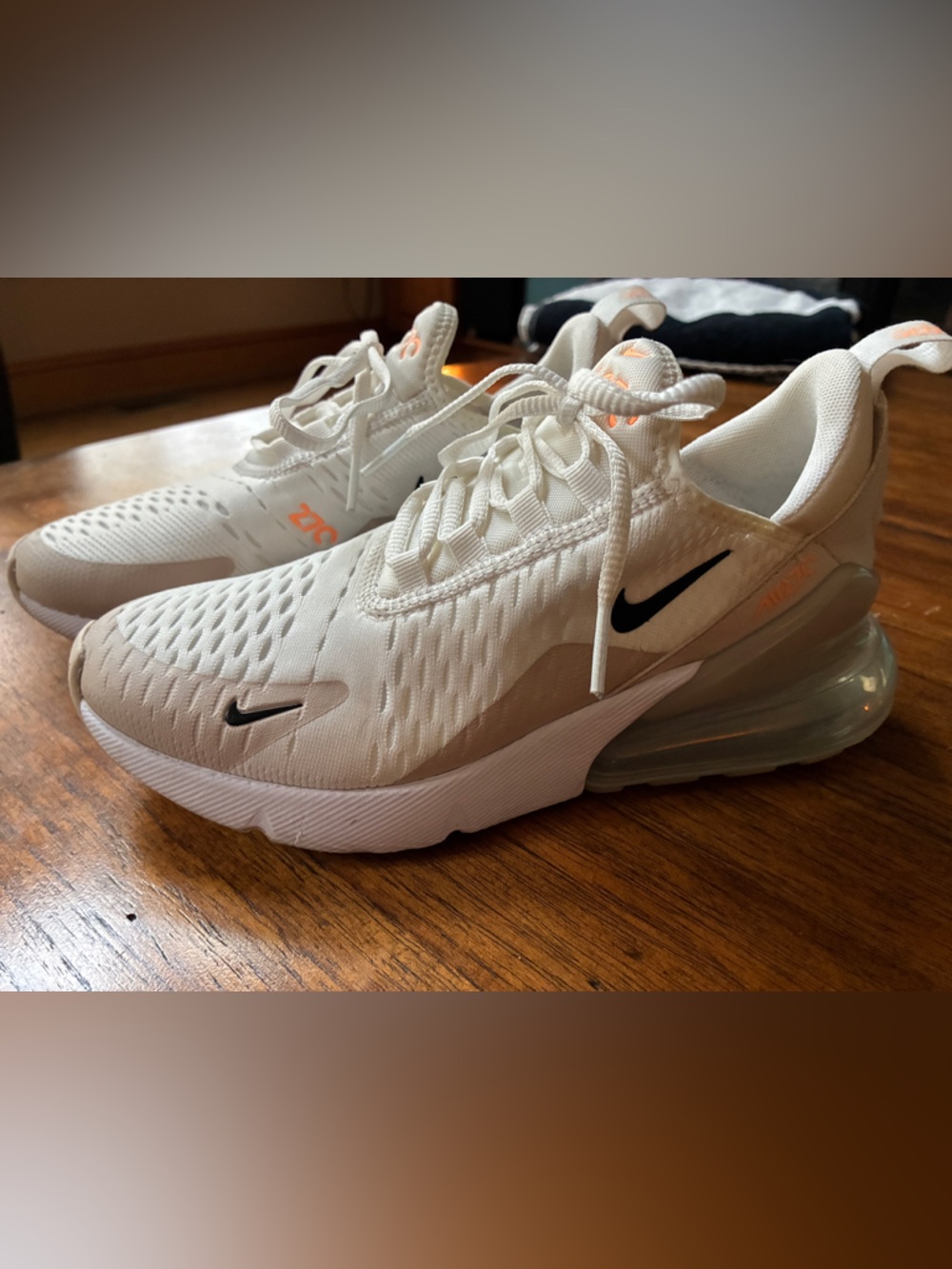 Barely worn -Nike 270  Y 6.5 White/Beige/Black w\ Orange Accents